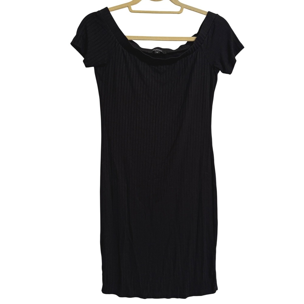 Ambiance Womens Black Ribbed Off Shoulder Bodycon Mini Dress Size M Medium